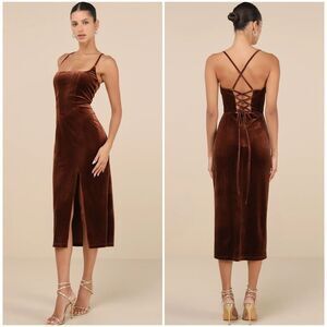 Lulus Gorgeous Composure Brown Velvet Lace-Up Sleeveless Midi Dress Large NEW